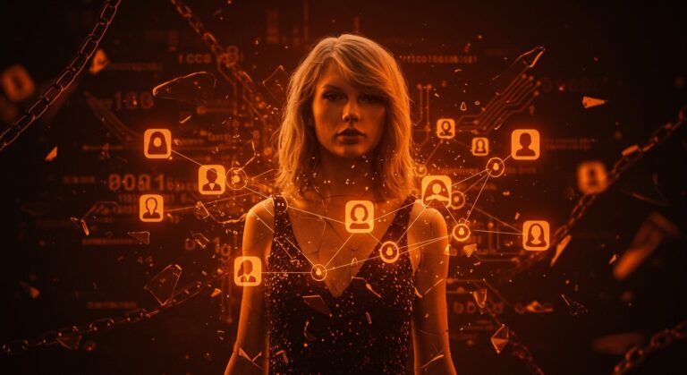 Desinformación digital sobre Taylor Swift ilustrada con perfiles falsos y tácticas de manipulación en redes sociales dentro del ecosistema startup.