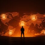 Impacto de la Digital Services Act en empresas tech y censura digital en la cooperación UE-EEUU representado con un fundador frente a interfaz digital.