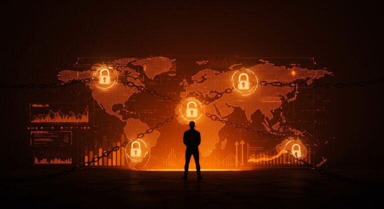 Impacto de la Digital Services Act en empresas tech y censura digital en la cooperación UE-EEUU representado con un fundador frente a interfaz digital.