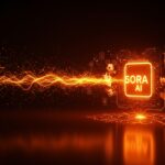 Inversión de Disney en OpenAI representada con personajes digitales emergiendo de una interfaz holográfica de IA y flujos de energía tecnológica.