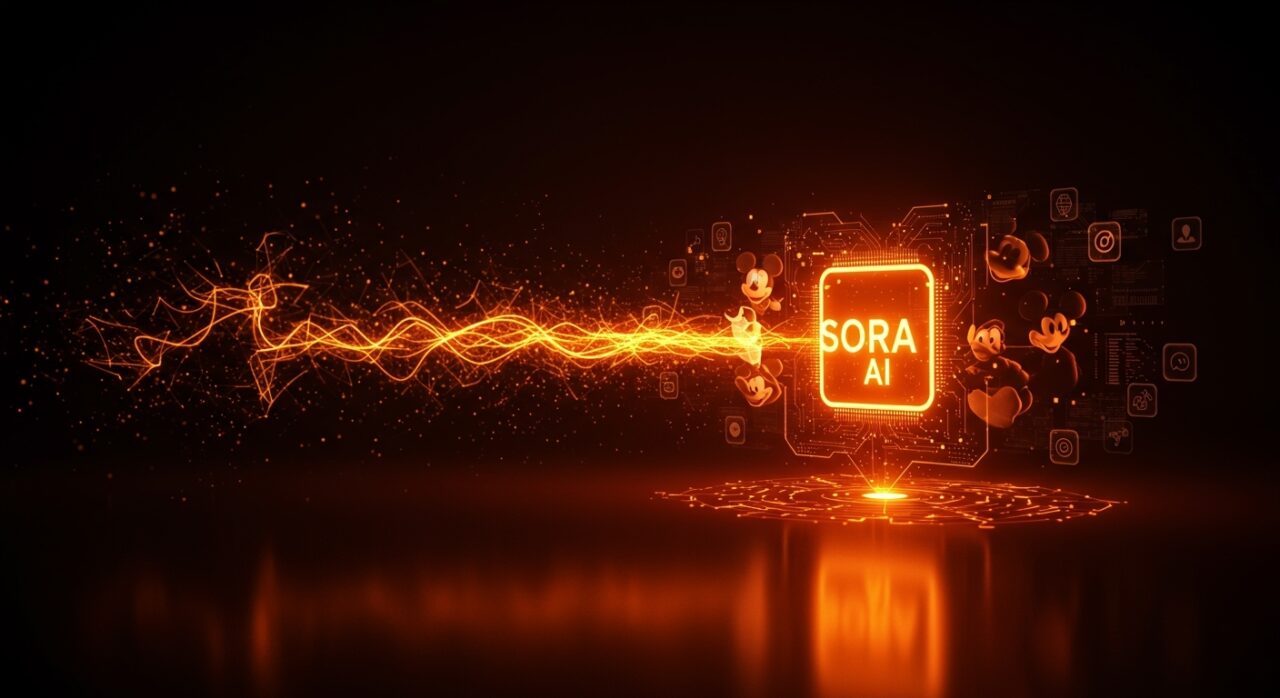 Inversión de Disney en OpenAI representada con personajes digitales emergiendo de una interfaz holográfica de IA y flujos de energía tecnológica.