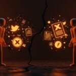 Disputa legal entre Twitter y X Corporation ilustrada con metáforas visuales de branding y tecnología en un estilo editorial cinematográfico.