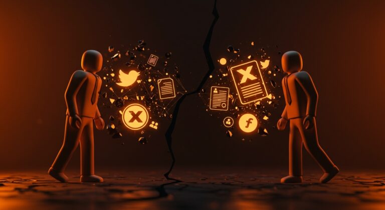 Disputa legal entre Twitter y X Corporation ilustrada con metáforas visuales de branding y tecnología en un estilo editorial cinematográfico.