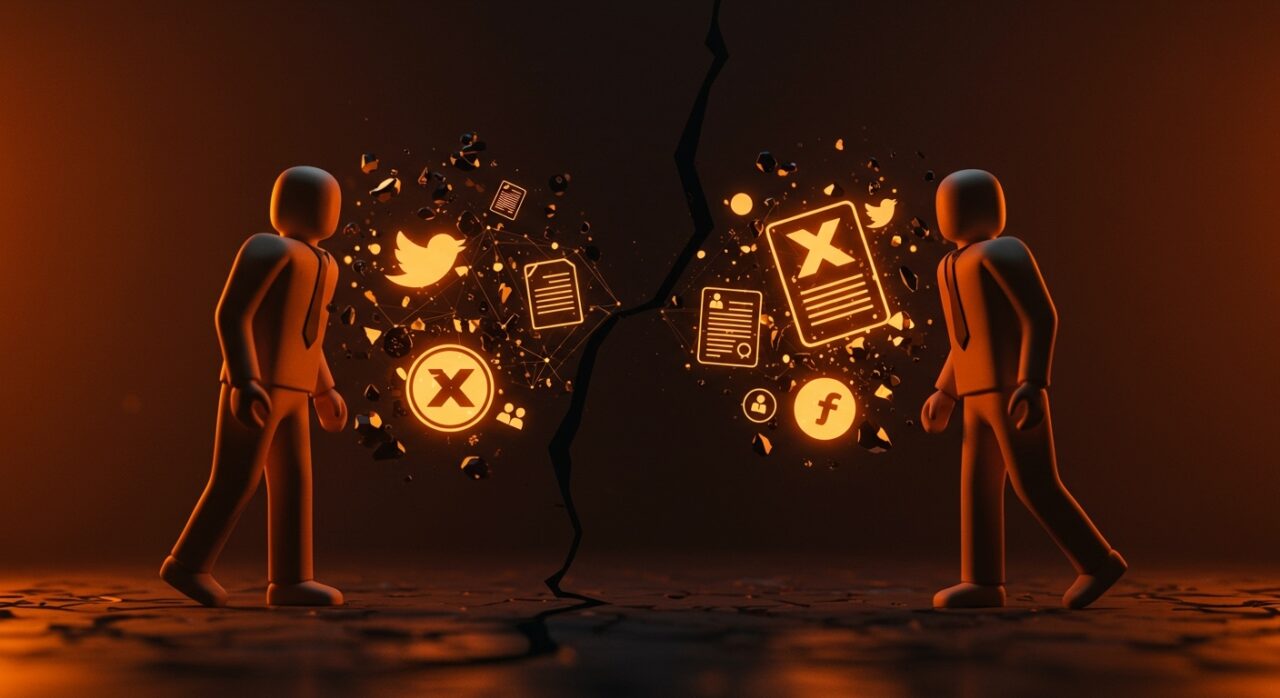 Disputa legal entre Twitter y X Corporation ilustrada con metáforas visuales de branding y tecnología en un estilo editorial cinematográfico.