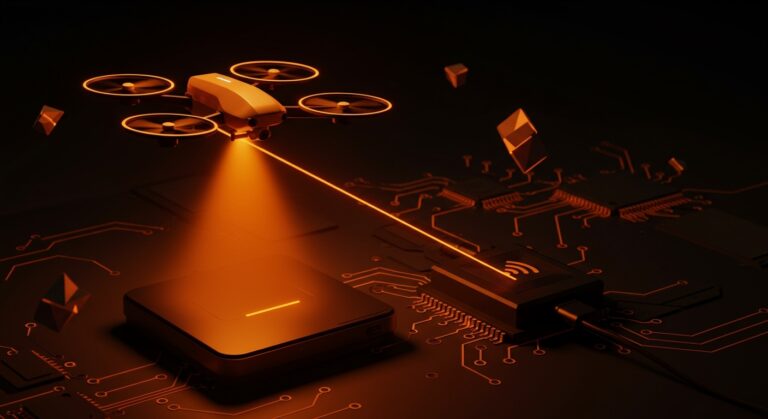 Drone recargándose inalámbricamente mediante rayos láser, ilustrando innovación tecnológica y sistemas autónomos en automatización y hardware.