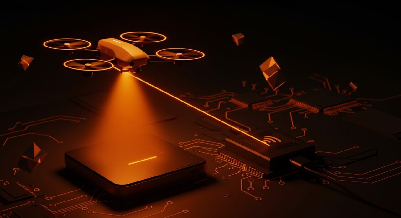 Drone recargándose inalámbricamente mediante rayos láser, ilustrando innovación tecnológica y sistemas autónomos en automatización y hardware.