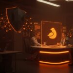 Startup founders trabajando colaborativamente con metáforas visuales de privacidad, inteligencia artificial opcional y crecimiento tecnológico representando DuckDuckGo.