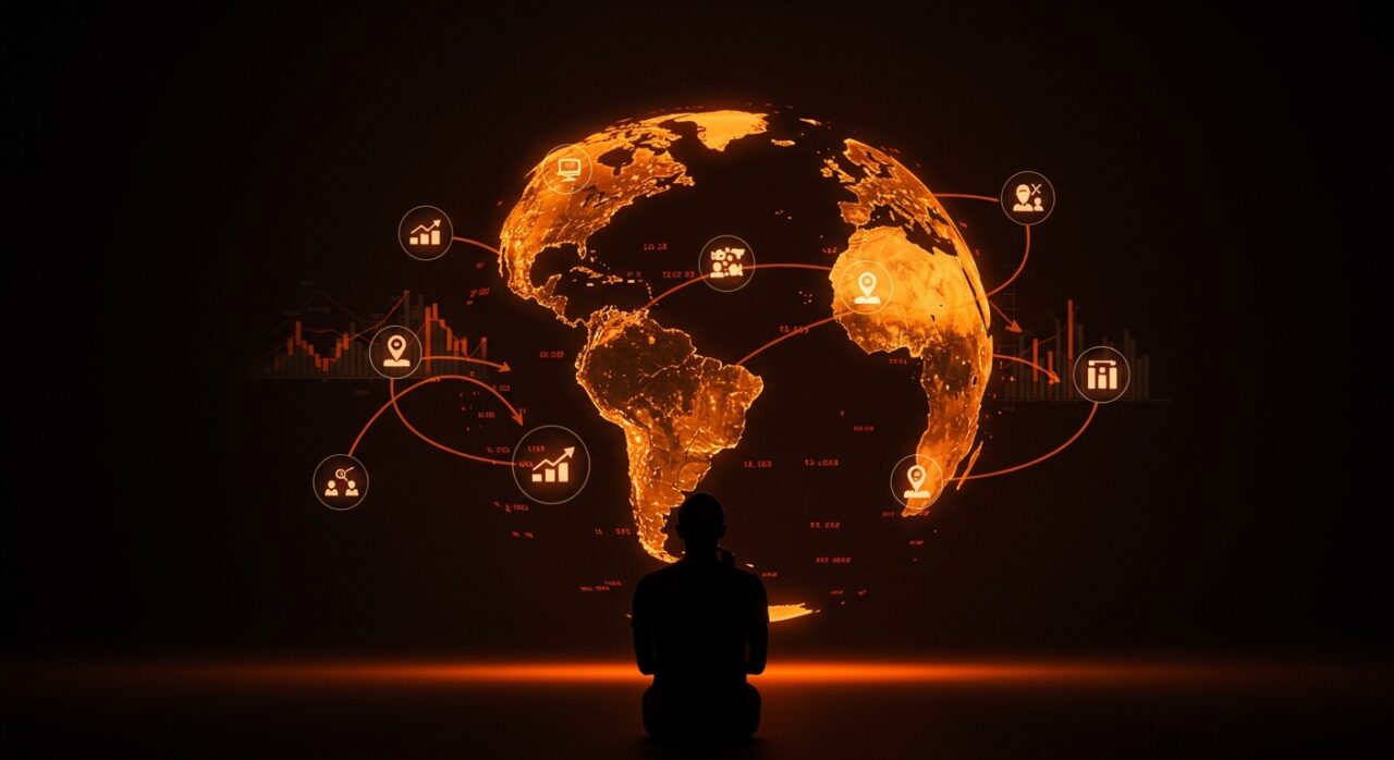 Fundador contemplando la economía global y el ascenso de China frente al declive de EE.UU., con énfasis en startups LATAM y tendencias de mercado.