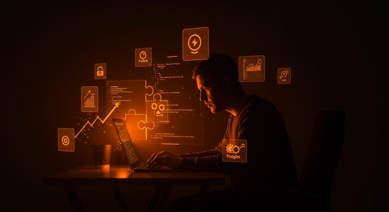 Editor de código minimalista en C con plugins open source, simbolizando productividad y personalización para developers tech.