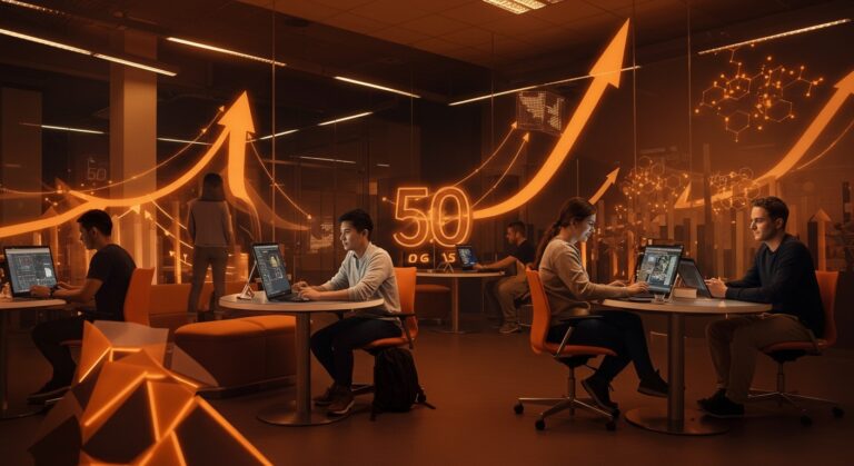 Transformación digital y vida estudiantil en educación superior mostrando innovación tecnológica y tendencias sociales en universidades.