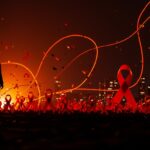 Impacto en salud pública por omisión del Día Mundial del SIDA en EE.UU. con simbolismo de VIH y financiación de salud.