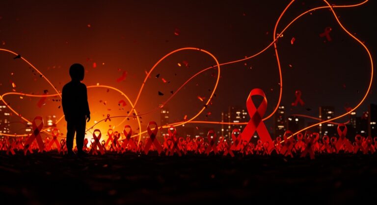 Impacto en salud pública por omisión del Día Mundial del SIDA en EE.UU. con simbolismo de VIH y financiación de salud.
