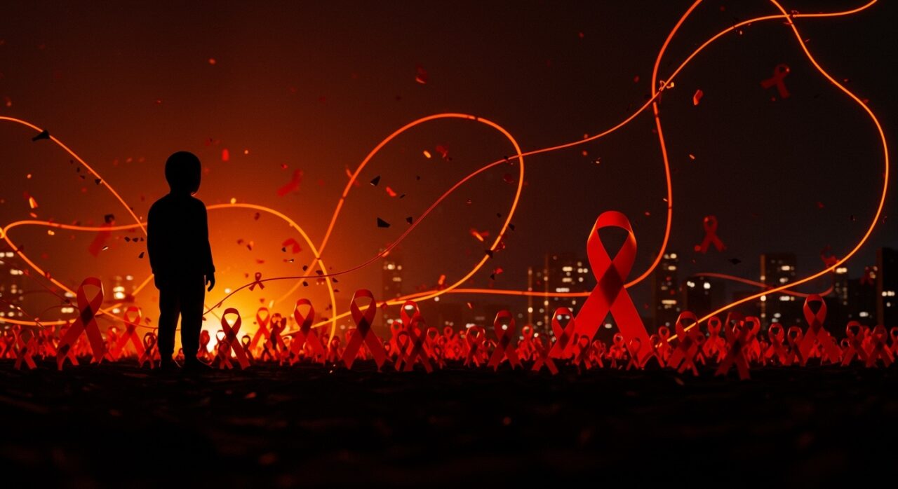 Impacto en salud pública por omisión del Día Mundial del SIDA en EE.UU. con simbolismo de VIH y financiación de salud.