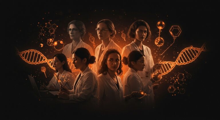 Mujeres en ciencia colaborando en innovación con referencia al Efecto Matilda y diversidad en startups latinoamericanas.