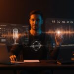 Innovador fundador usando IA para clonación de voz y traducción automática en un entorno tecnológico moderno con ondas de voz y redes neuronales.