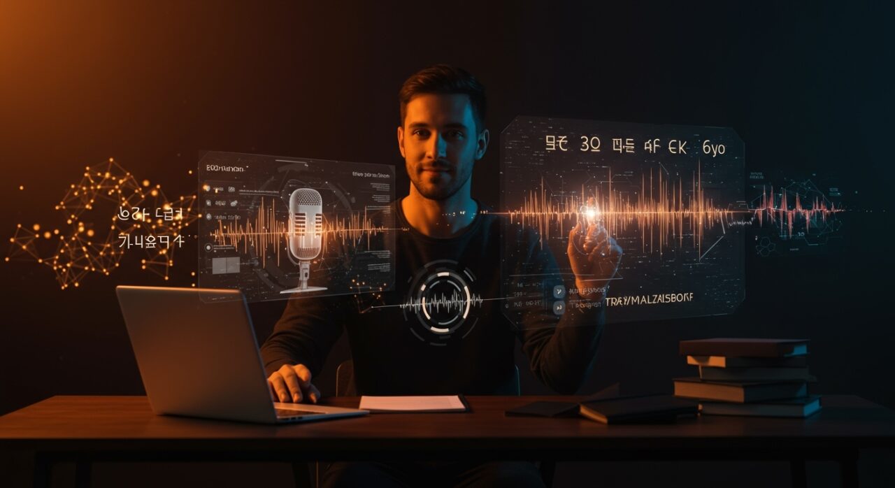 Innovador fundador usando IA para clonación de voz y traducción automática en un entorno tecnológico moderno con ondas de voz y redes neuronales.