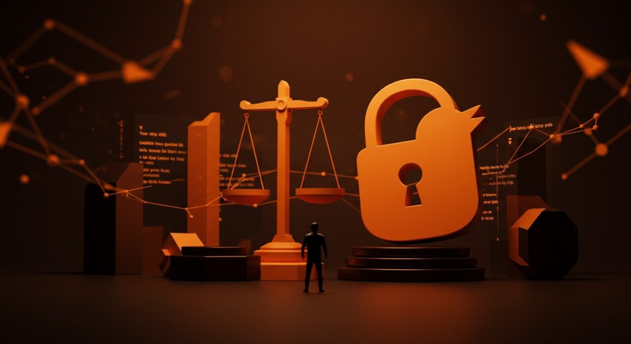 Founder enfrentando un desafío legal por la marca Twitter, representado con un candado digital en tonos naranja y negro, en contexto de startups y redes sociales.