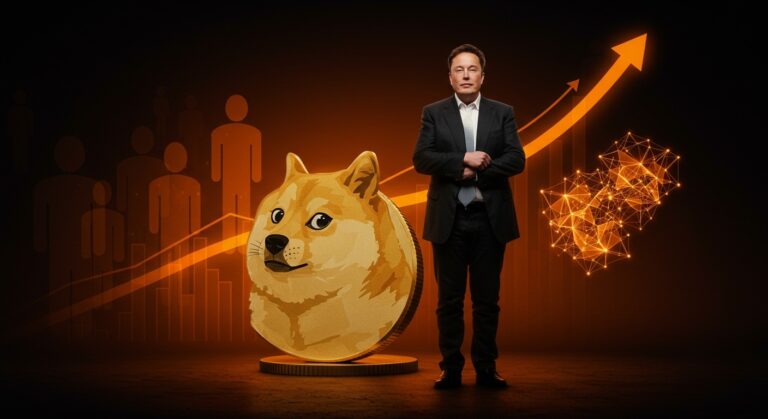 Elon Musk junto al símbolo de Dogecoin con gráficos que muestran aumento del gasto público y recortes, destacando eficiencia y tendencias en el sector tecnológico.