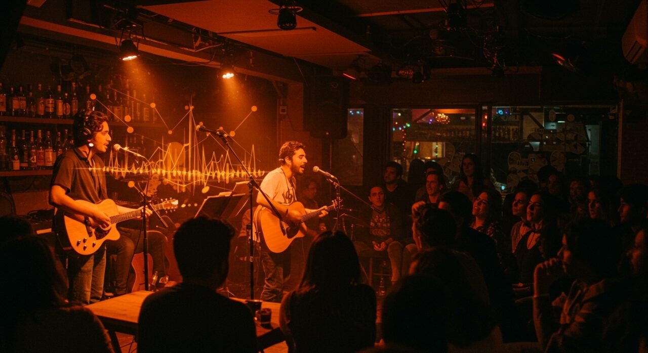 Emprendimiento musical en Bogotá con músicos emergentes actuando en Idilio Bar, un espacio cultural que apoya talentos locales.
