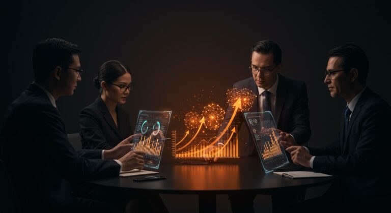 Líderes empresariales analizando interfaces holográficas de inversión en IA y consolidación de proveedores en el ecosistema tecnológico latino.