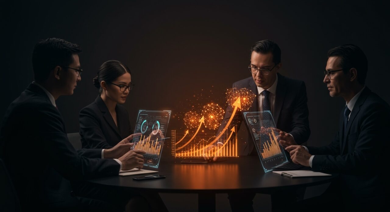 Líderes empresariales analizando interfaces holográficas de inversión en IA y consolidación de proveedores en el ecosistema tecnológico latino.