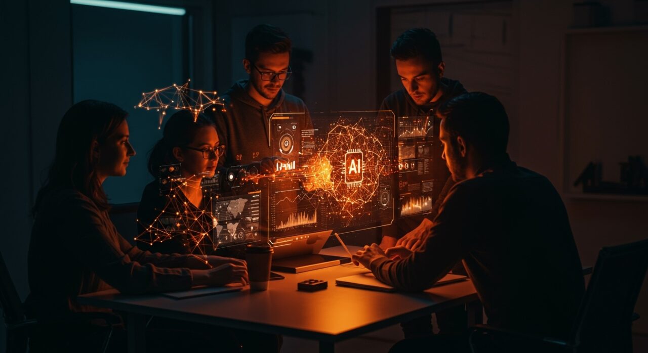 Fundadores tecnológicos colaborando sobre interfaces digitales de IA aplicada y automatización en startups con inversión pre-seed.