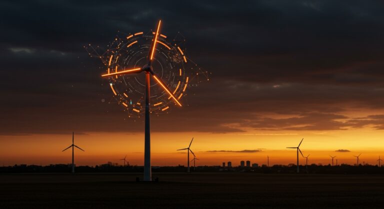 Turbina eólica inteligente con inteligencia artificial aumentando la generación de microeólica en Europa destacada en un paisaje moderno.