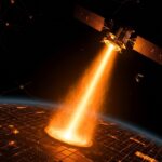 Satélite transmitiendo energía solar renovable desde el espacio a granjas solares, ilustrando innovación tecnológica de Overview Energy.