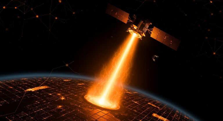 Satélite transmitiendo energía solar renovable desde el espacio a granjas solares, ilustrando innovación tecnológica de Overview Energy.