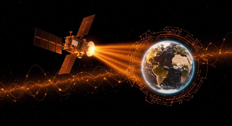 Satélite transmitiendo energía solar espacial inalámbrica desde el espacio, simbolizando innovación tecnológica y energía limpia de startup estadounidense.
