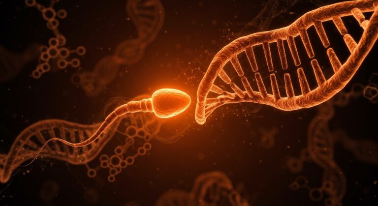 Visualización cinematográfica de ARN espermático y epigenética mostrando la influencia del fitness paterno en la herencia y salud metabólica.