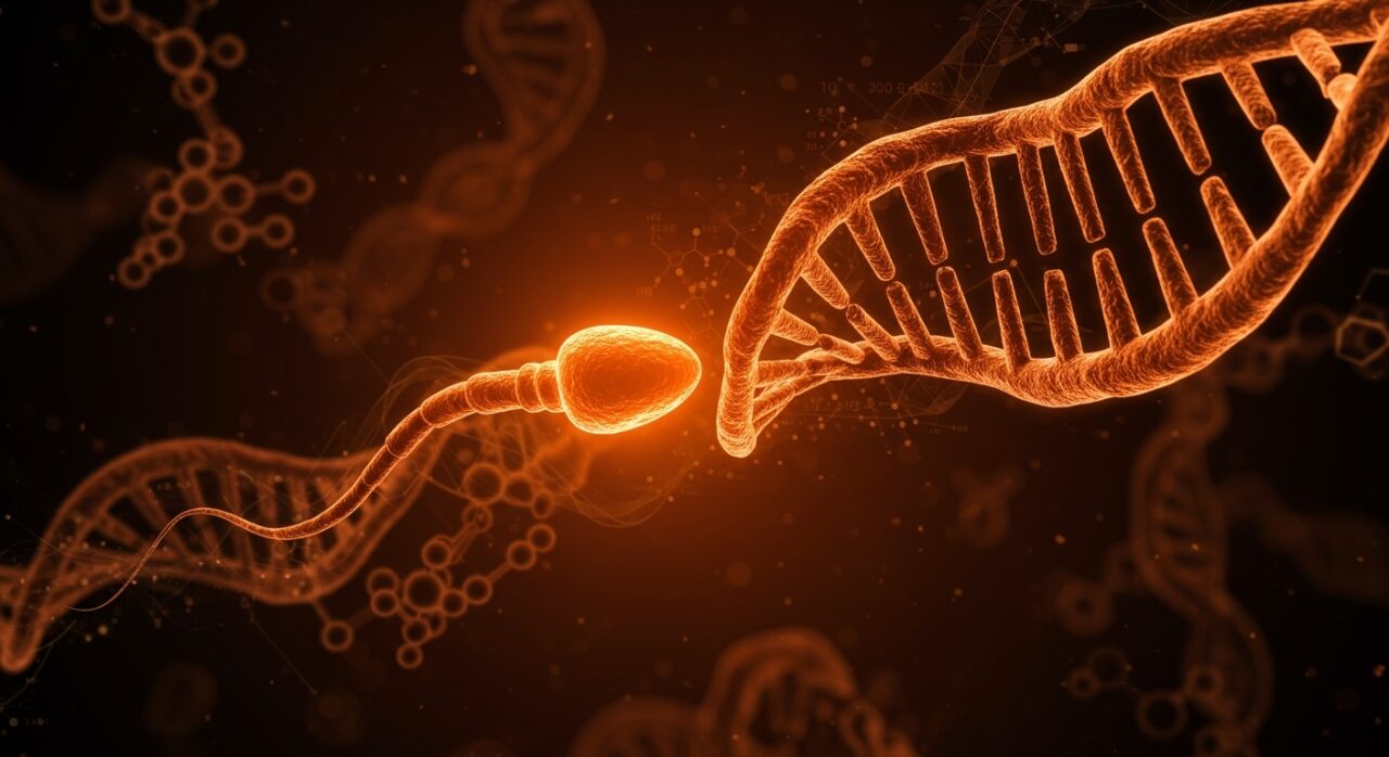 Visualización cinematográfica de ARN espermático y epigenética mostrando la influencia del fitness paterno en la herencia y salud metabólica.
