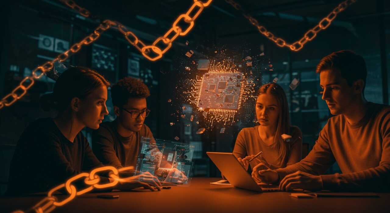 Startups tecnológicas enfrentando escasez de RAM en 2025 con estrategias en hardware y inteligencia artificial, ilustrado con metáforas visuales sobre cadena de suministro y memoria.