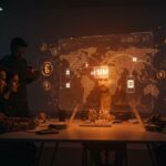 Mapa holográfico mostrando la adopción global de eSIM y oportunidades de negocio para startups en 2025 con enfoque en viajes y tecnología.