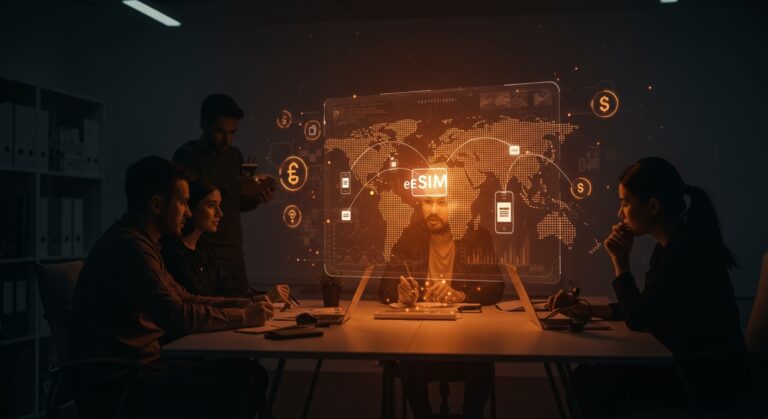 Mapa holográfico mostrando la adopción global de eSIM y oportunidades de negocio para startups en 2025 con enfoque en viajes y tecnología.