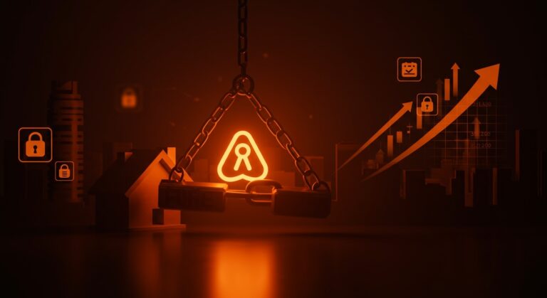 Multa a Airbnb en España simbolizada con cadenas digitales sobre un fondo urbano abstracto, destacando regulación y oportunidades en el mercado inmobiliario startup.