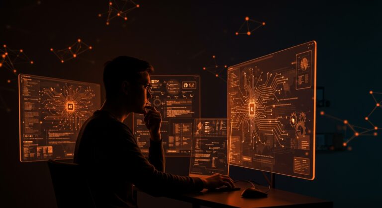 Ingeniería de software y automatización con integración de IA en un entorno tecnológico futurista, analizando tendencias y evolución en startups.