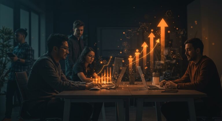 Fundadores tech colaborando en crecimiento de comunidades startup con estrategias de engagement en LATAM.