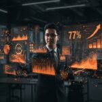 Representante de ventas impulsado por IA mostrando aumento del 77% en ingresos con herramientas AI en entorno tecnológico moderno.