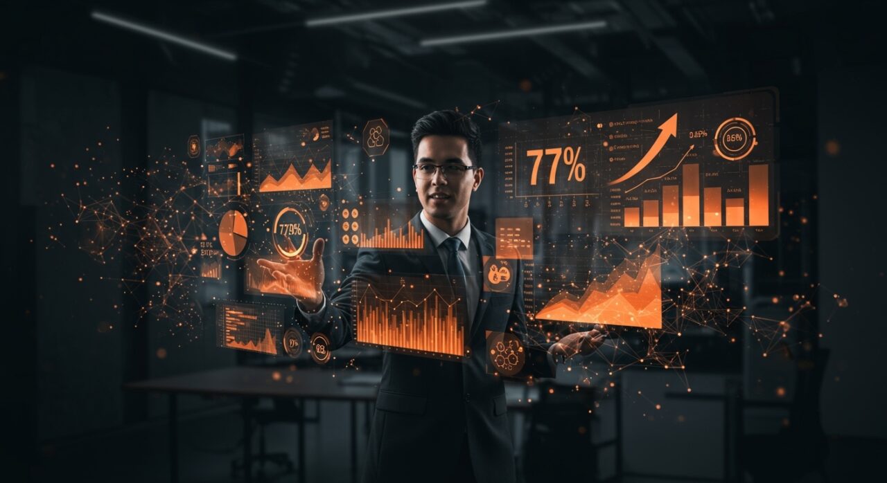 Representante de ventas impulsado por IA mostrando aumento del 77% en ingresos con herramientas AI en entorno tecnológico moderno.