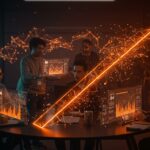 Founders y startups tech colaborando en un hub de innovación con interfaces holográficas que representan inteligencia artificial y networking en el ecosistema emprendedor LATAM.