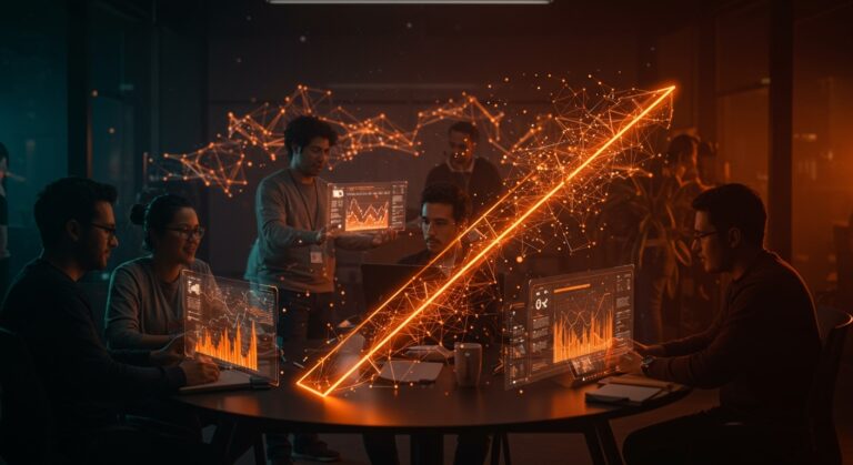 Founders y startups tech colaborando en un hub de innovación con interfaces holográficas que representan inteligencia artificial y networking en el ecosistema emprendedor LATAM.