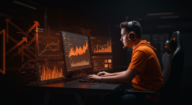 Competidor de Excel esports en un entorno tecnológico futurista destacando innovación y competitividad en el ecosistema startup.