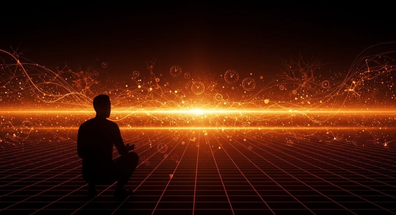 Representación visual de la física cuántica y la percepción del tiempo inspirando innovación en startups tecnológicas.