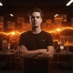 Fabian Hedin, joven multimillonario de IA, en oficina moderna con hologramas de programación y crecimiento de startups, simbolizando innovación y funding tecnológico.