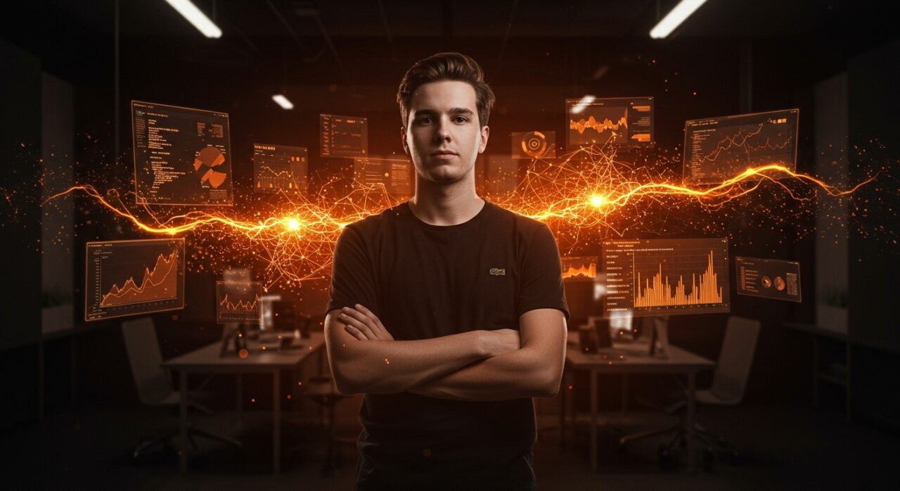 Fabian Hedin, joven multimillonario de IA, en oficina moderna con hologramas de programación y crecimiento de startups, simbolizando innovación y funding tecnológico.
