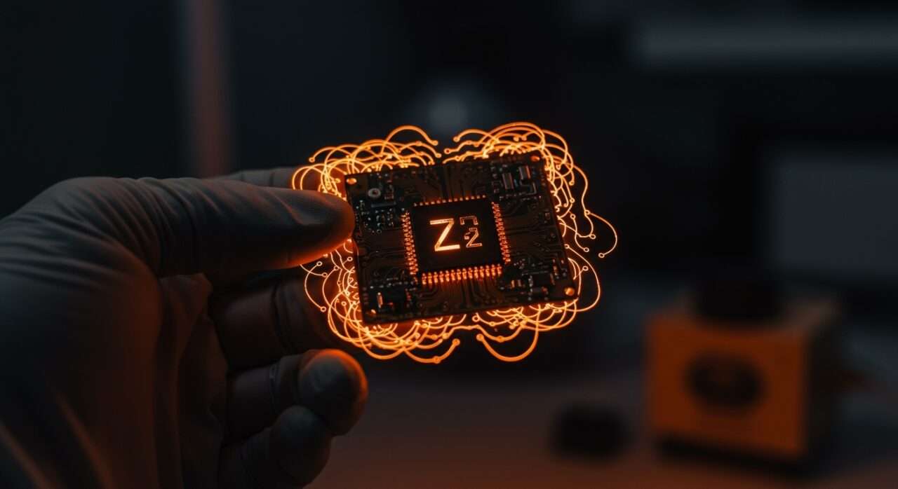 Microchip casero Z2 con transistores visibles representando la innovación en fabricación litográfica DIY y hardware semiconductor emergente.
