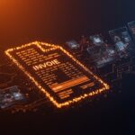 Factura electrónica europea con representación visual de seguridad informática y riesgos XML para automatización startup.