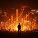 Silhouette de emprendedor frente a un paisaje digital con símbolos de inversión y redes neuronales, representando la ronda de financiamiento de $140M de Fal en IA generativa.