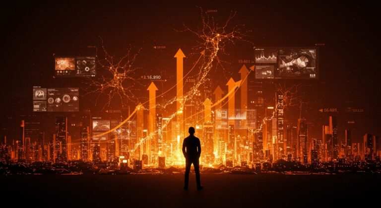 Silhouette de emprendedor frente a un paisaje digital con símbolos de inversión y redes neuronales, representando la ronda de financiamiento de $140M de Fal en IA generativa.